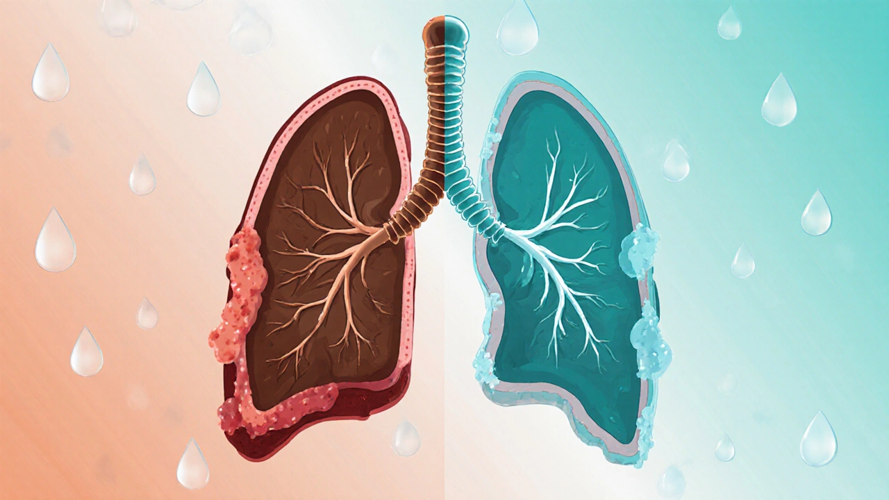 Side‑by‑side illustration of thick mucus in a dehydrated lung versus thin mucus in a hydrated lung.