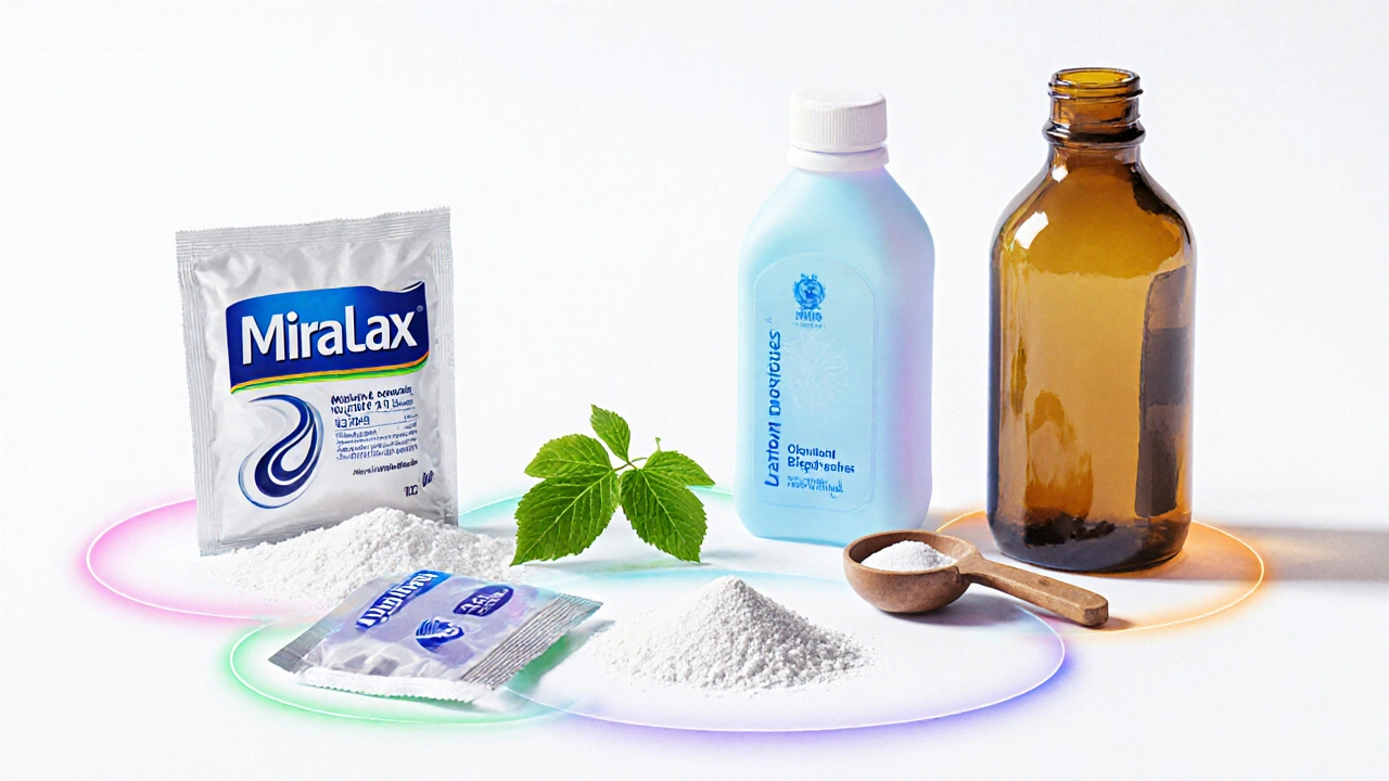 Six laxatives displayed together with color‑coded halos indicating their types.