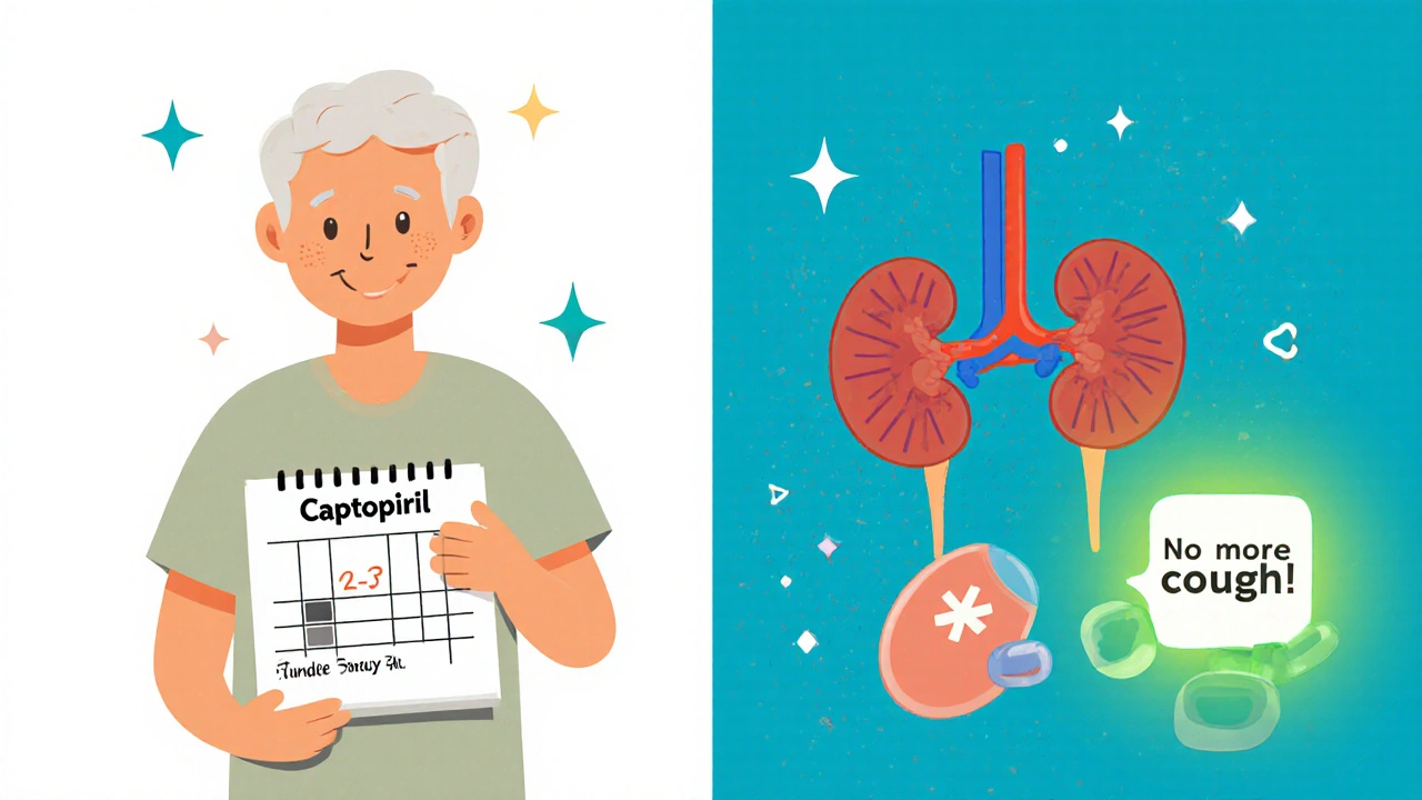 Split comparison of once-daily blood pressure pills versus Captopril, with a happy patient and kidney icon.