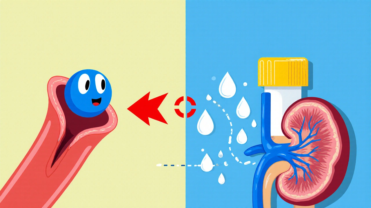 Split illustration shows artery dilation and kidney diuresis from the medication.