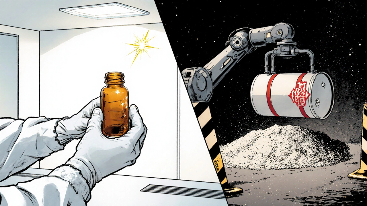 Split scene showing sterile ampoule packaging and dynamite production in comic book style.