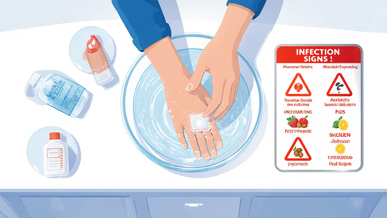 Step‑by‑step bathroom scene showing cleaning, antiseptic, dressing, ointment, nutrition, and infection warnings.