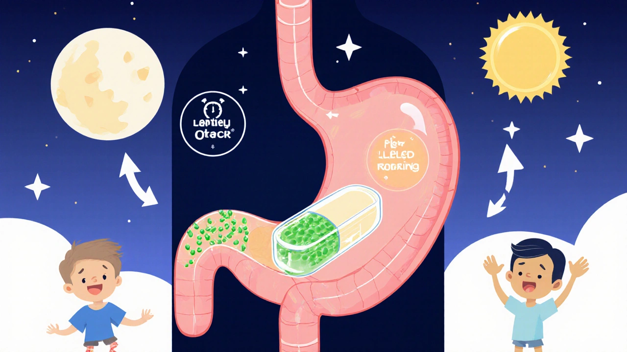 Stomach cross‑section showing dual delayed‑release tablet dissolving over time.