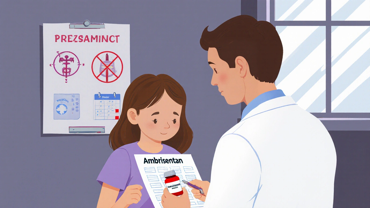 Teen girl and doctor discussing ambrisentan, pregnancy prevention poster visible on wall.