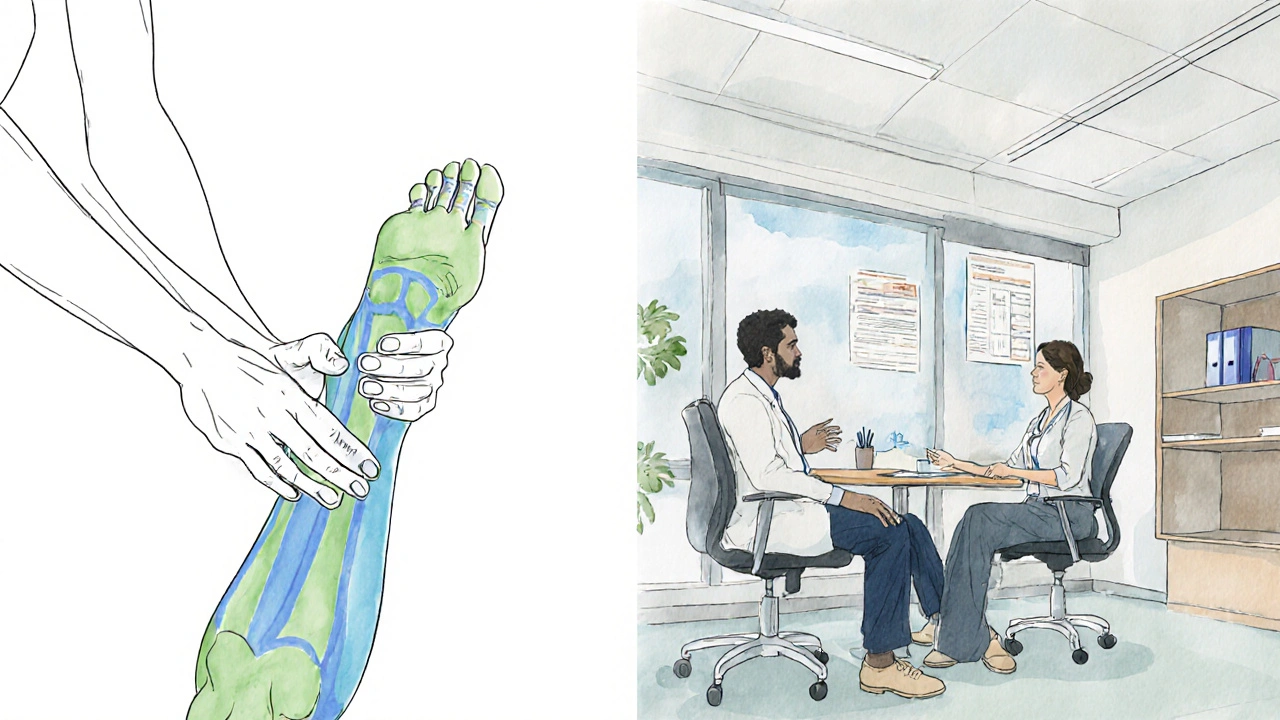 Therapist applying myofascial release while patient consults a neurologist.