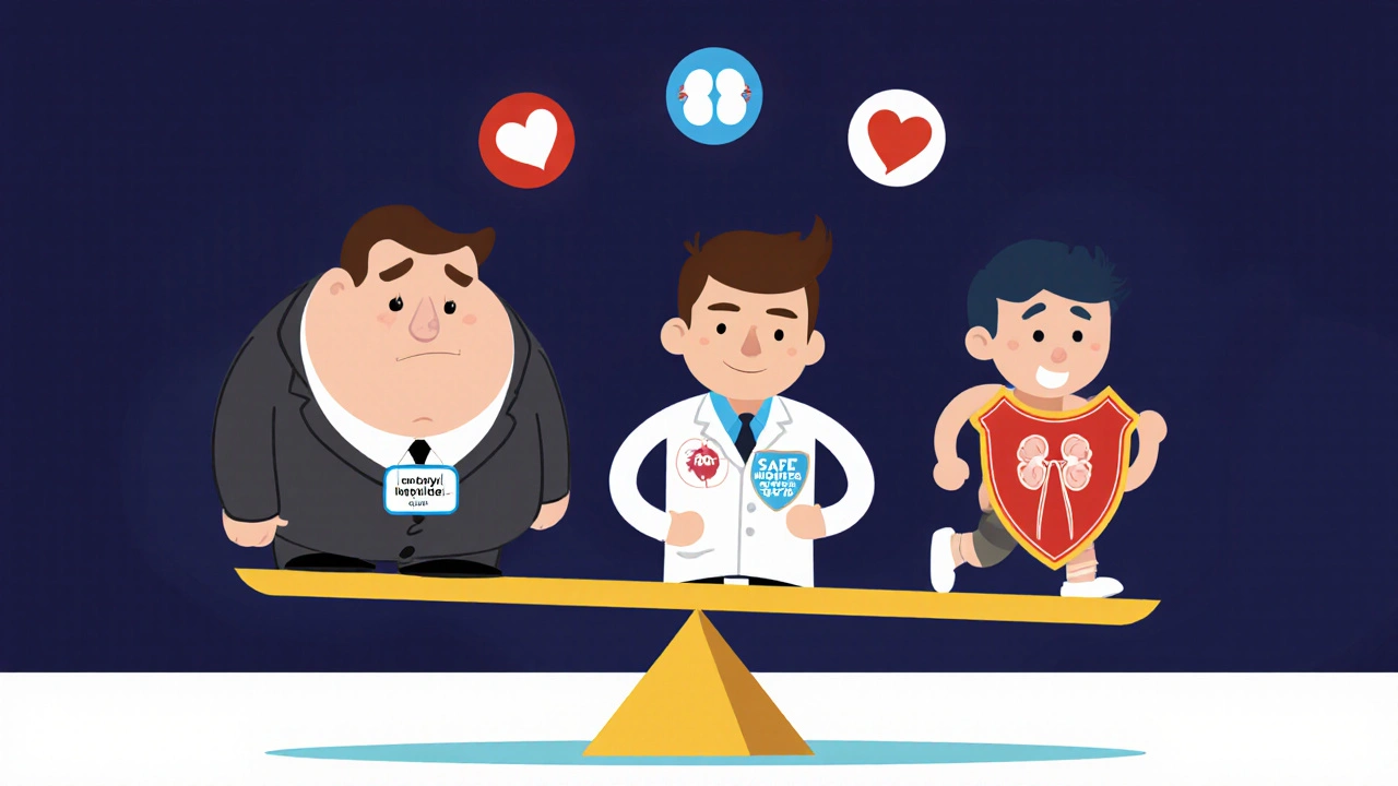 Three diabetes medications personified: Amaryl as a burdened figure, Januvia as a calm expert, and an SGLT2 inhibitor as a protective athlete.