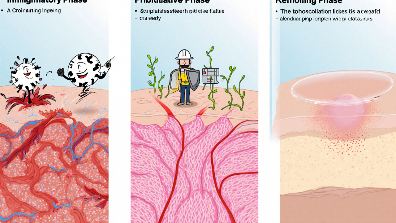 Three panels illustrating inflammation, tissue growth, and scar remodeling in a wound.