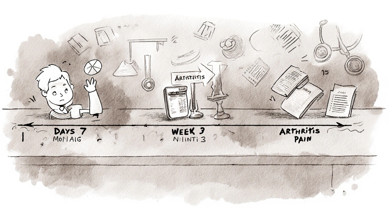 Timeline illustrating when symptoms appear after starting medication versus disease progression.