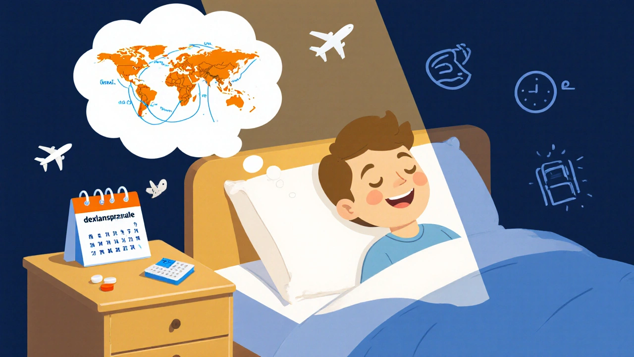 Traveler sleeping peacefully with pill and health monitoring icons nearby.