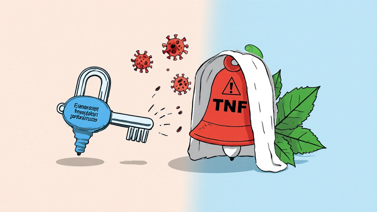 Two molecular figures interact with a TNF alarm bell—one causes shadowy cancer cells, the other brings calm with green leaves.