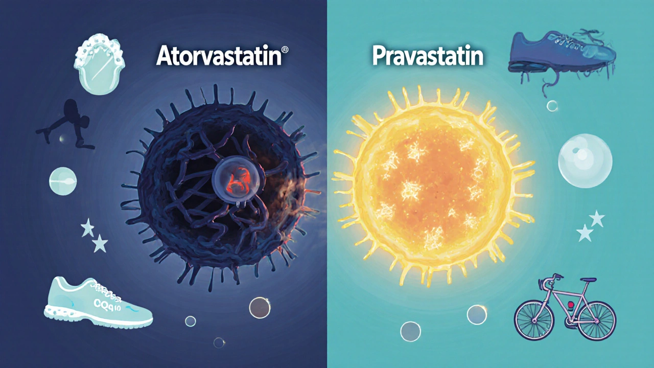 Two muscle cells side by side: one damaged by atorvastatin, one healthy with pravastatin, showing CoQ10 levels visually.
