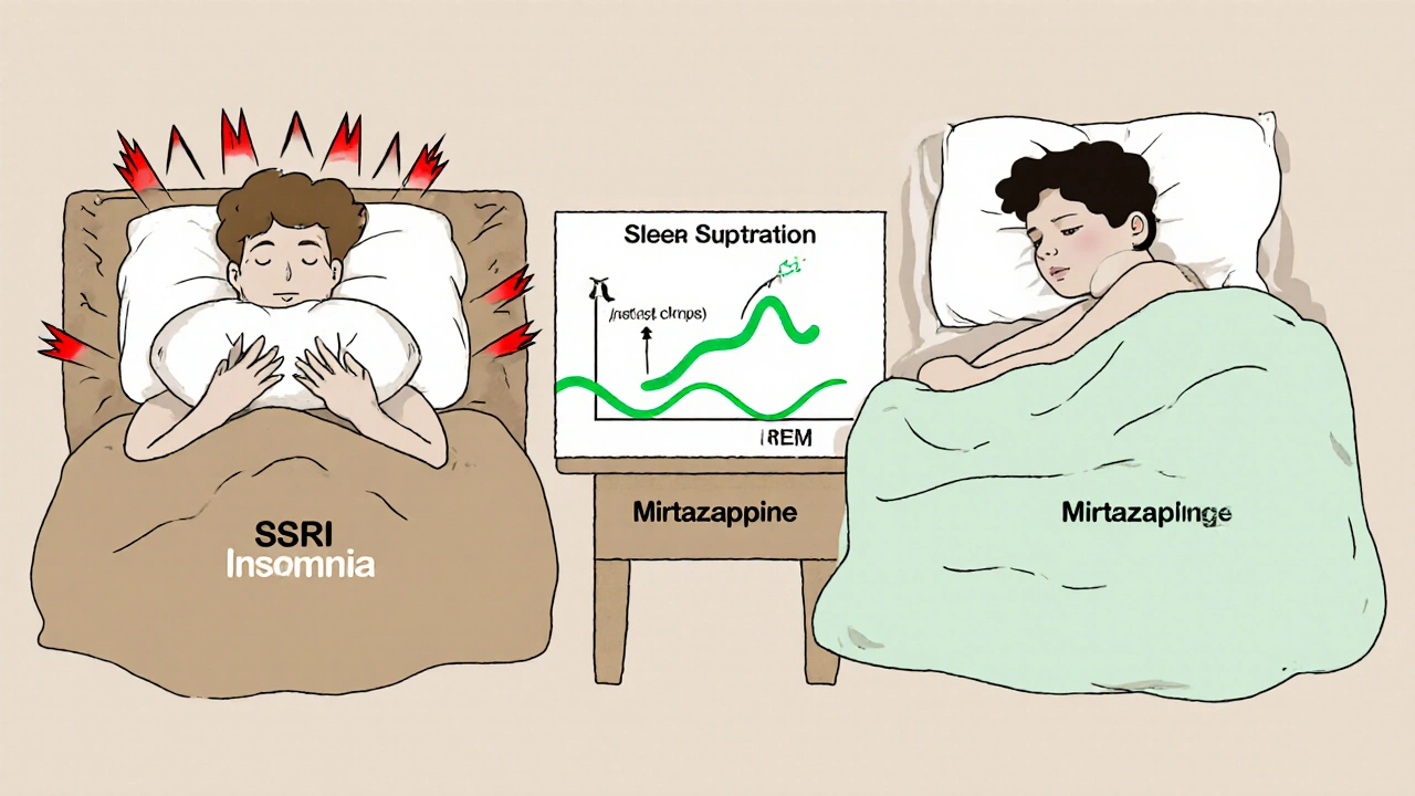 Two people side by side: one struggling with insomnia, the other sleeping peacefully, with sleep effect labels.