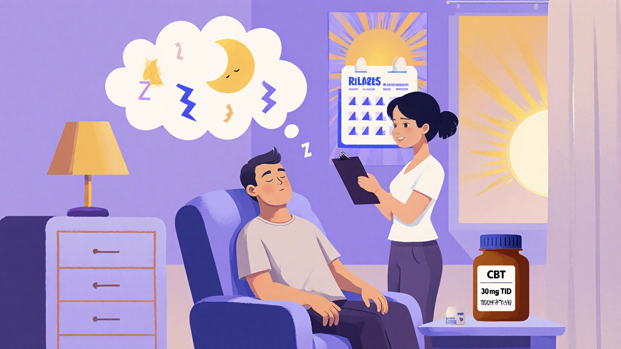 Veteran patient relaxed with Nimodipine bottle, therapist, and sleep icons.