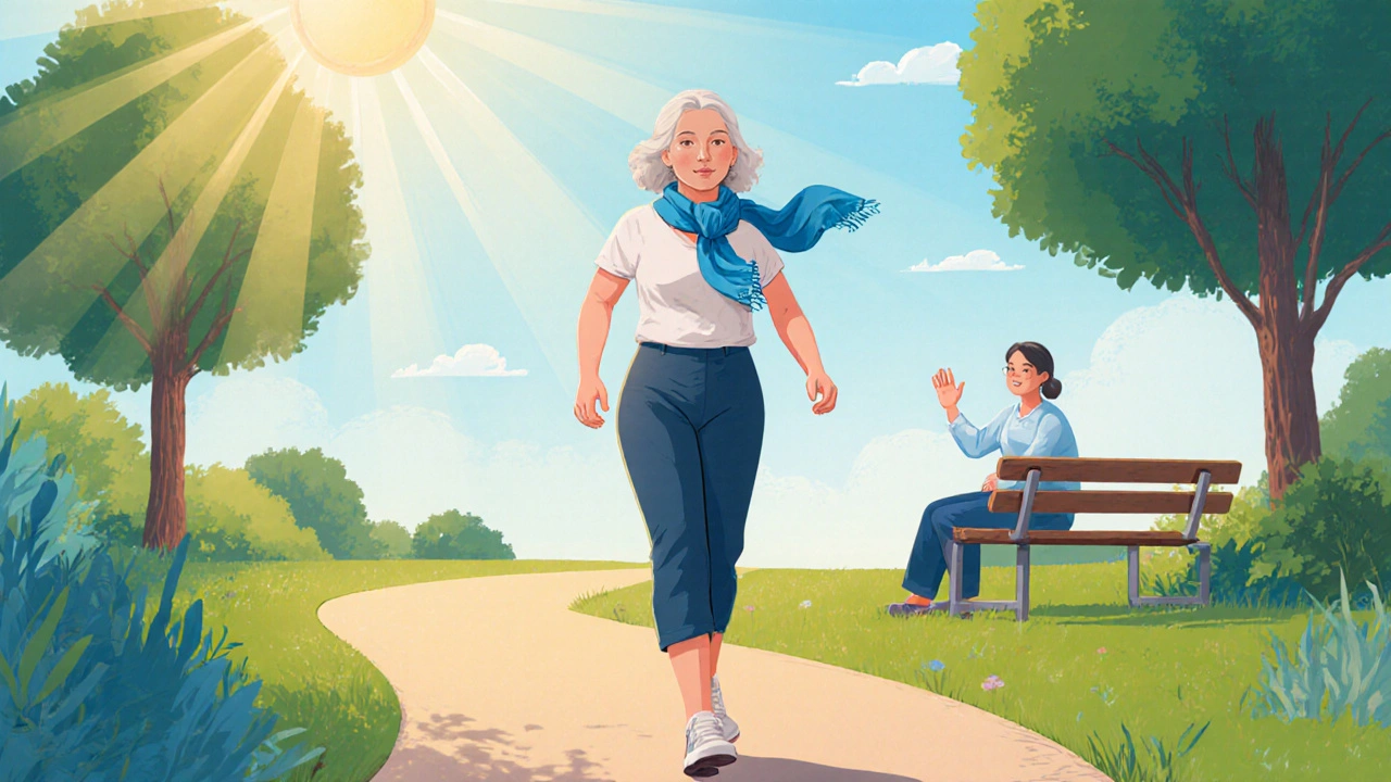 Woman with MS walking confidently in a sunny park after massage therapy.