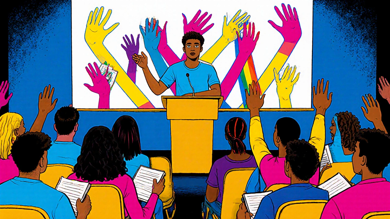 Young presenter speaking to university students, with a mural of supportive symbols behind him.