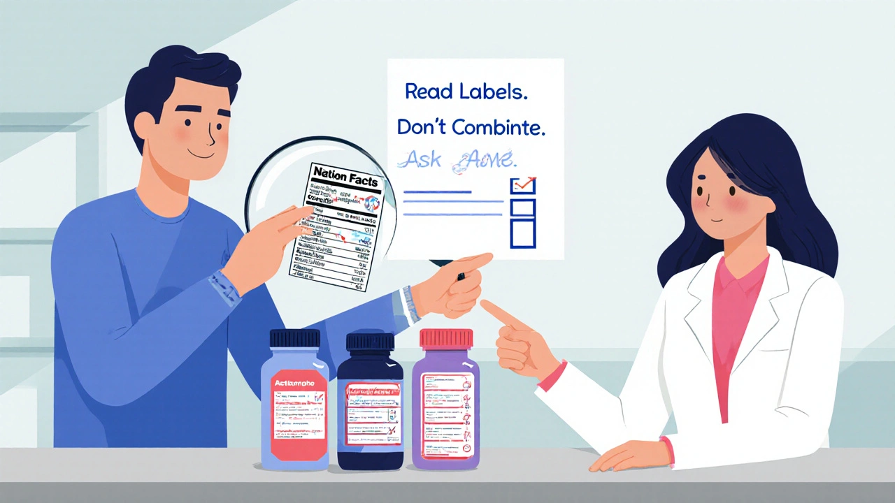 Adult using magnifying glass on drug label, pharmacist pointing to checklist for safe medicine use.