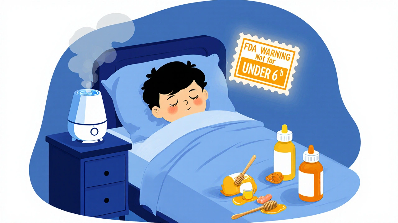 Child sleeping with humidifier and honey on nightstand, FDA warning stamp above discarded medicine bottles.
