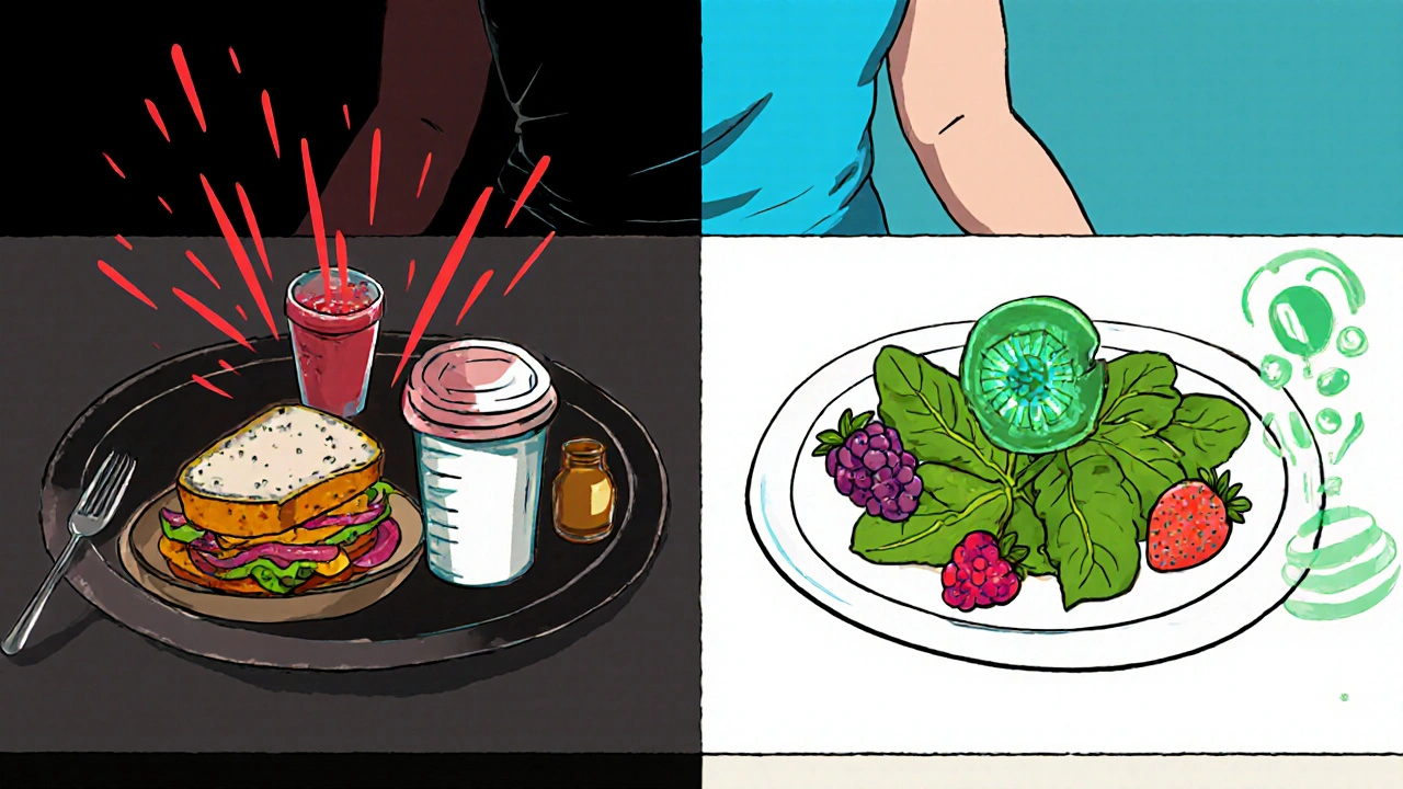 Contrasting plates: healthy food calming immune cells vs processed food sparking inflammation