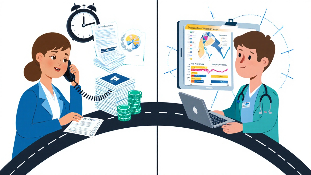 Contrasting scenes of retail pharmacy insurance delays and hospital clinical decision-making linked by digital records.