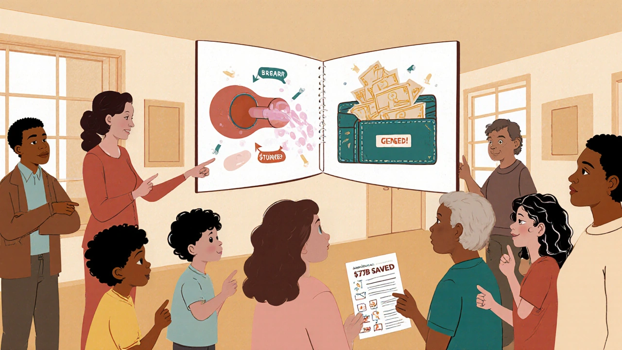 Diverse community group learns about generic drugs using illustrated flipbooks in a bright community center.