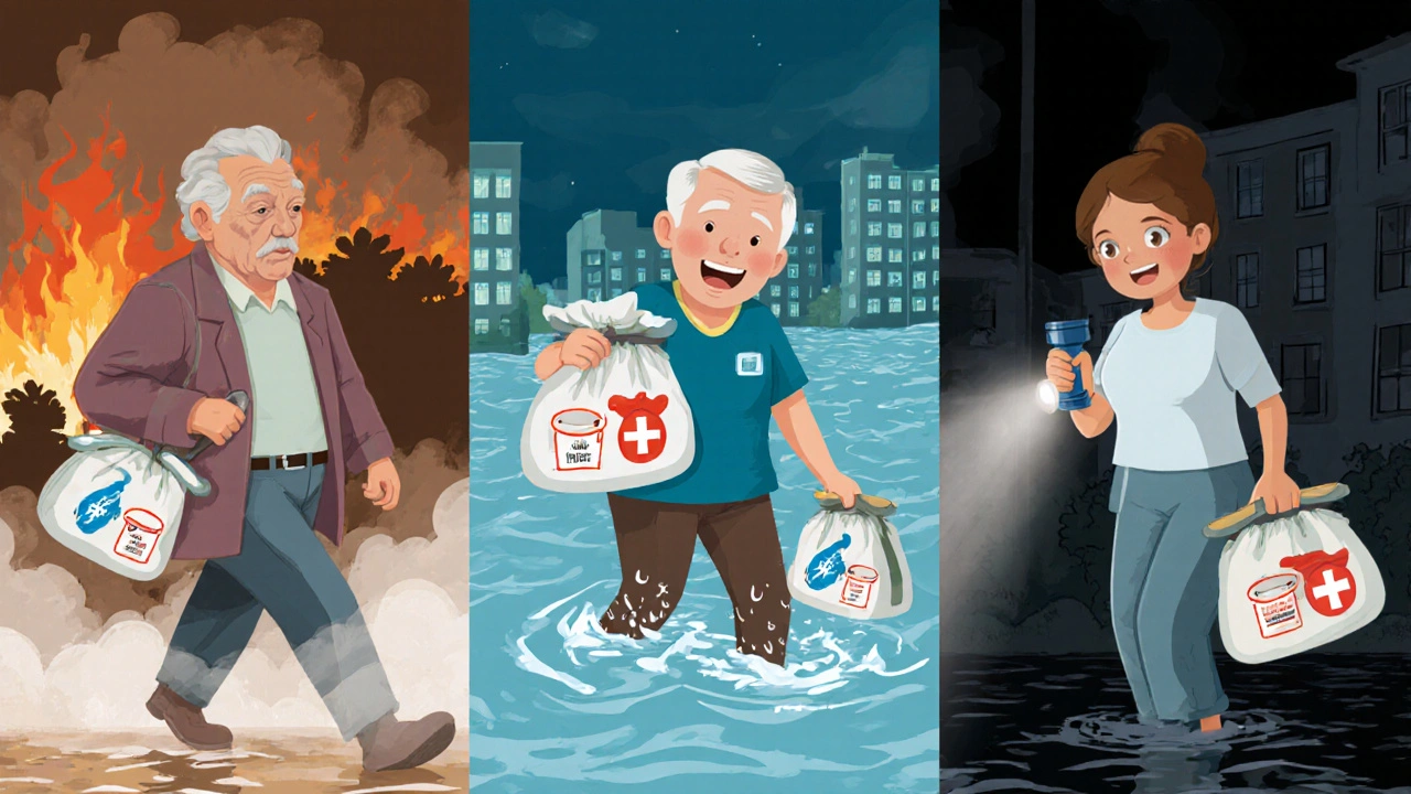 Diverse individuals evacuating during disasters, each carrying a go-bag with medication supplies.