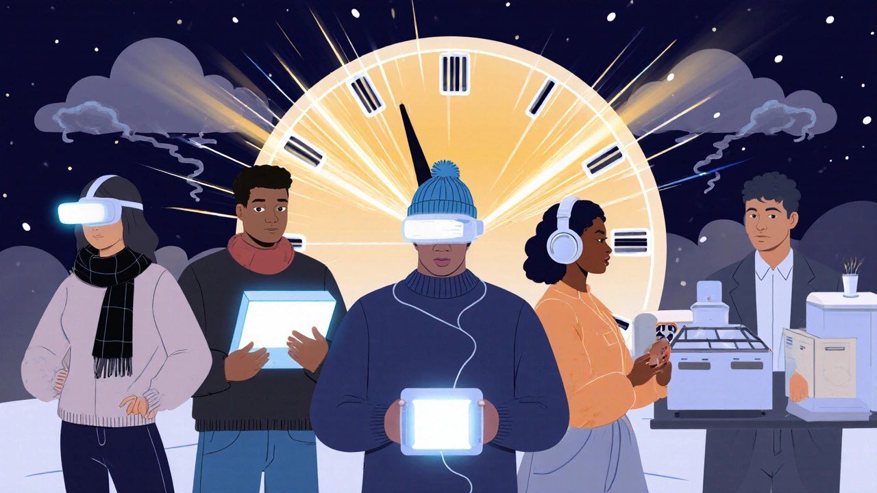 Diverse people using light therapy devices at home, with dawn breaking through winter clouds.