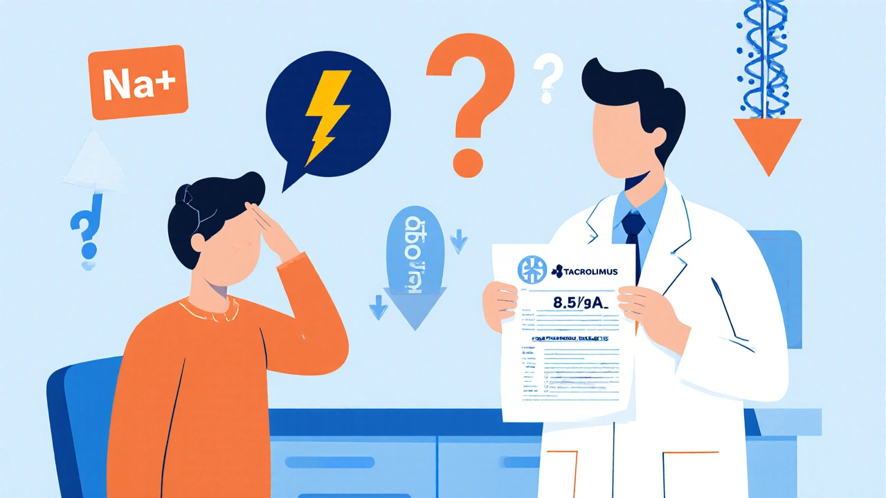 Doctor and patient in clinic, patient with headache symbol while blood levels appear normal