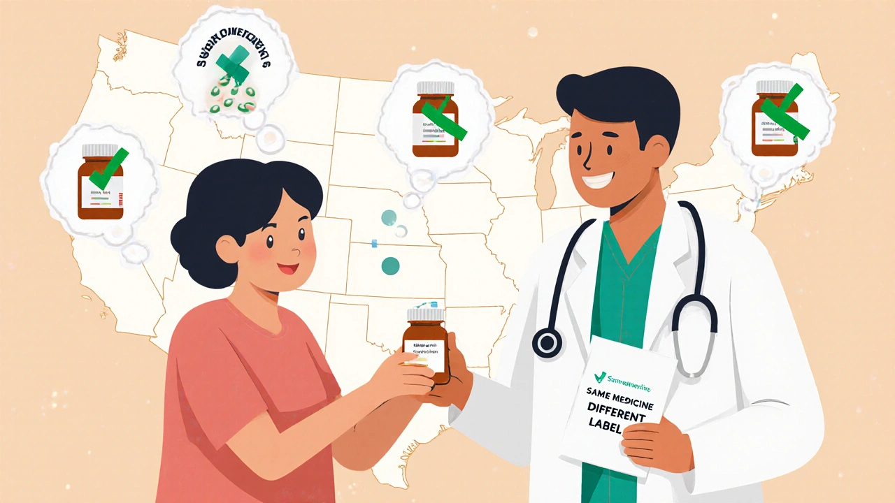 Doctor explains generics to patient with transparent same-medicine visualization