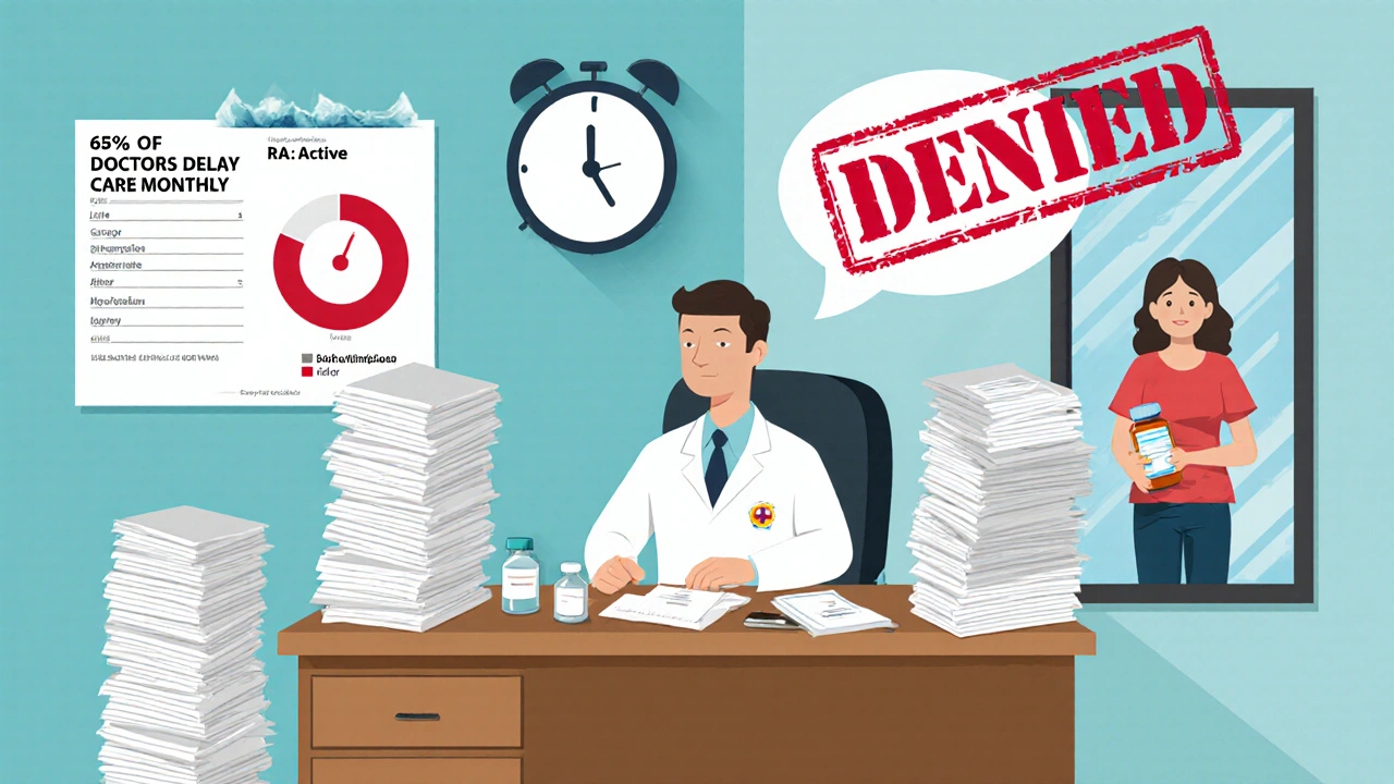Doctor overwhelmed by prior authorization paperwork as patient waits outside