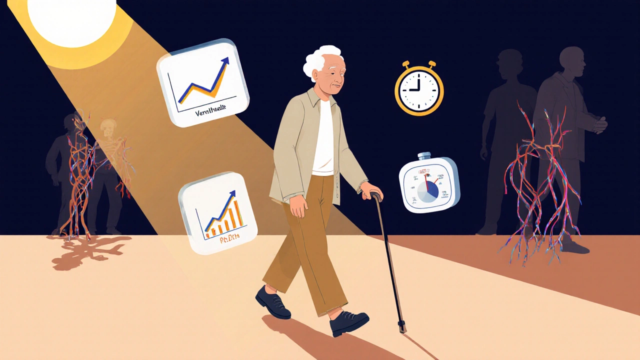 Elderly person walking confidently as bone health improves, with fading signs of kidney disease behind.