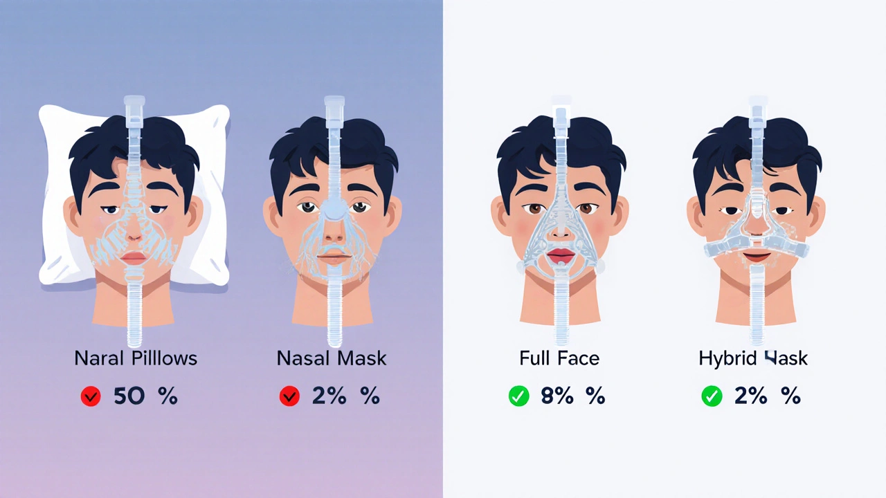 Four types of CPAP masks illustrated with airflow and leak indicators, shown on faces in different sleep positions.