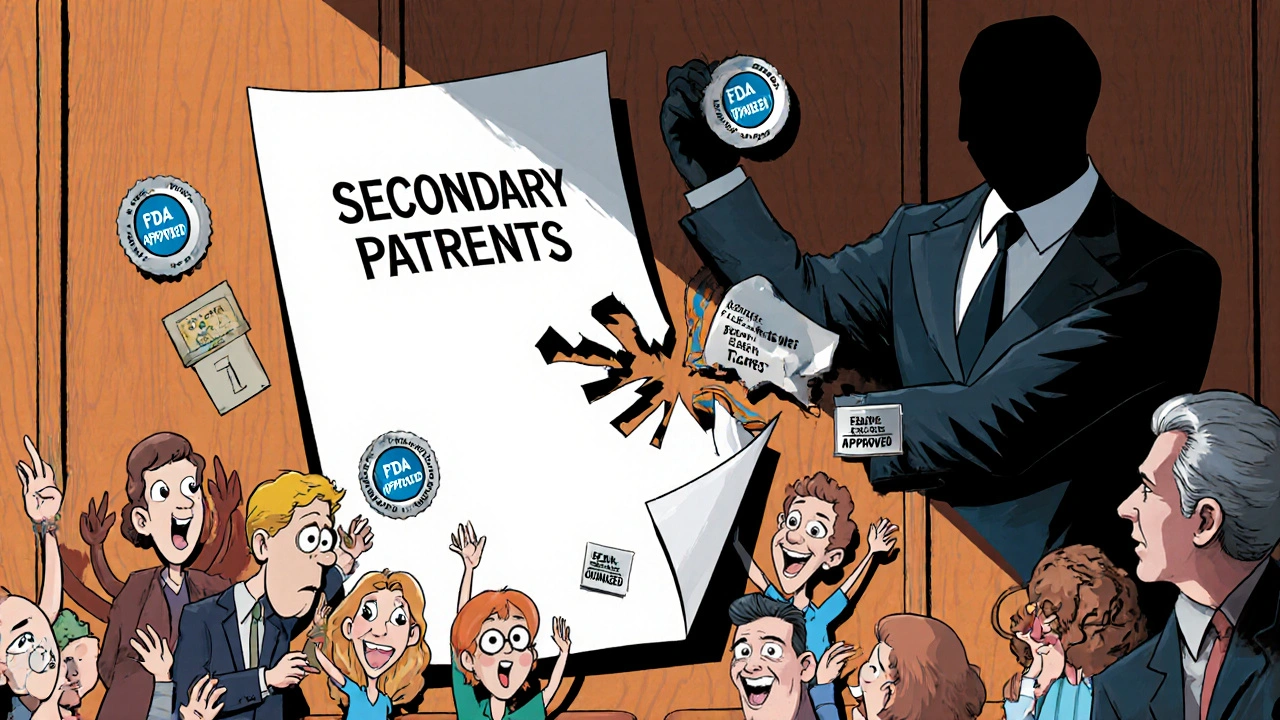 Generic manufacturers tear apart a patent document while a corporate figure tries to repair it.