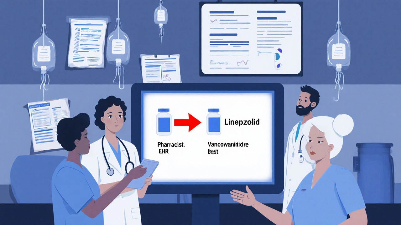 Hospital team reviewing a patient&#039;s EHR to approve a switch from one IV antibiotic to another.