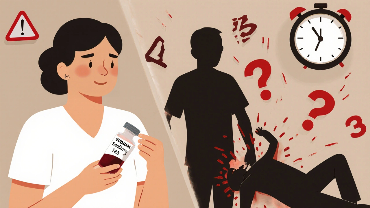 Nurse holding blood test vial as patient&#039;s shadow transforms into a seizure silhouette with warning icons and timeline.