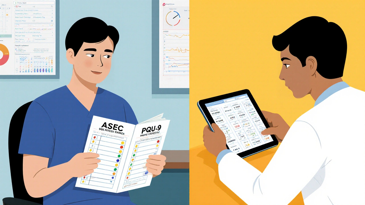 Patient and doctor reviewing antidepressant progress logs during a medical consultation.