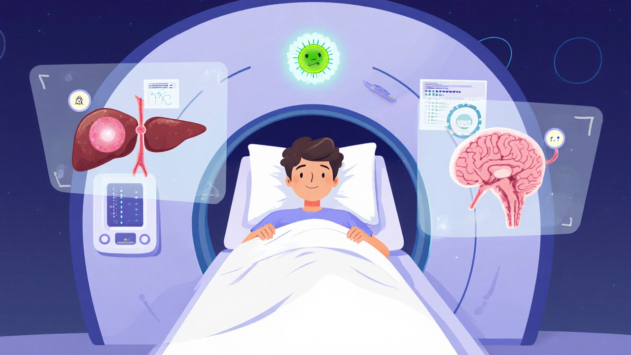 Patient in PET-MRI machine with AI analyzing tumor data, symbolizing reduced radiation and precision