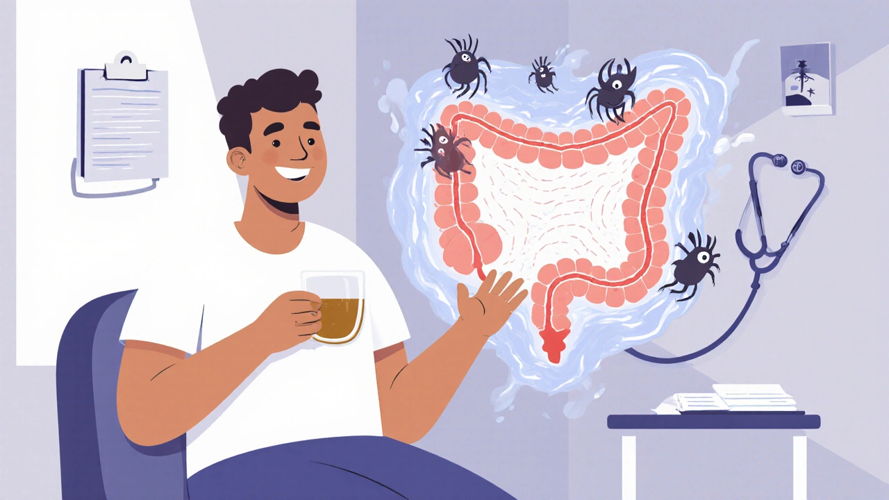 Patient smiling with a clean colon glowing like a river, polyps swept away, holding clear broth after successful procedure.