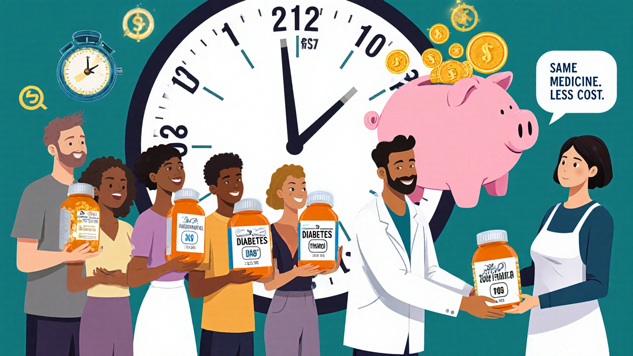 People holding pill bottles turning into piggy banks with FDA approval timeline in background