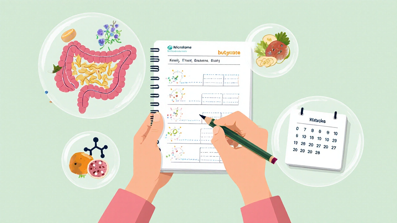 Person journaling diet and symptoms with floating scientific visuals of gut health and ketones