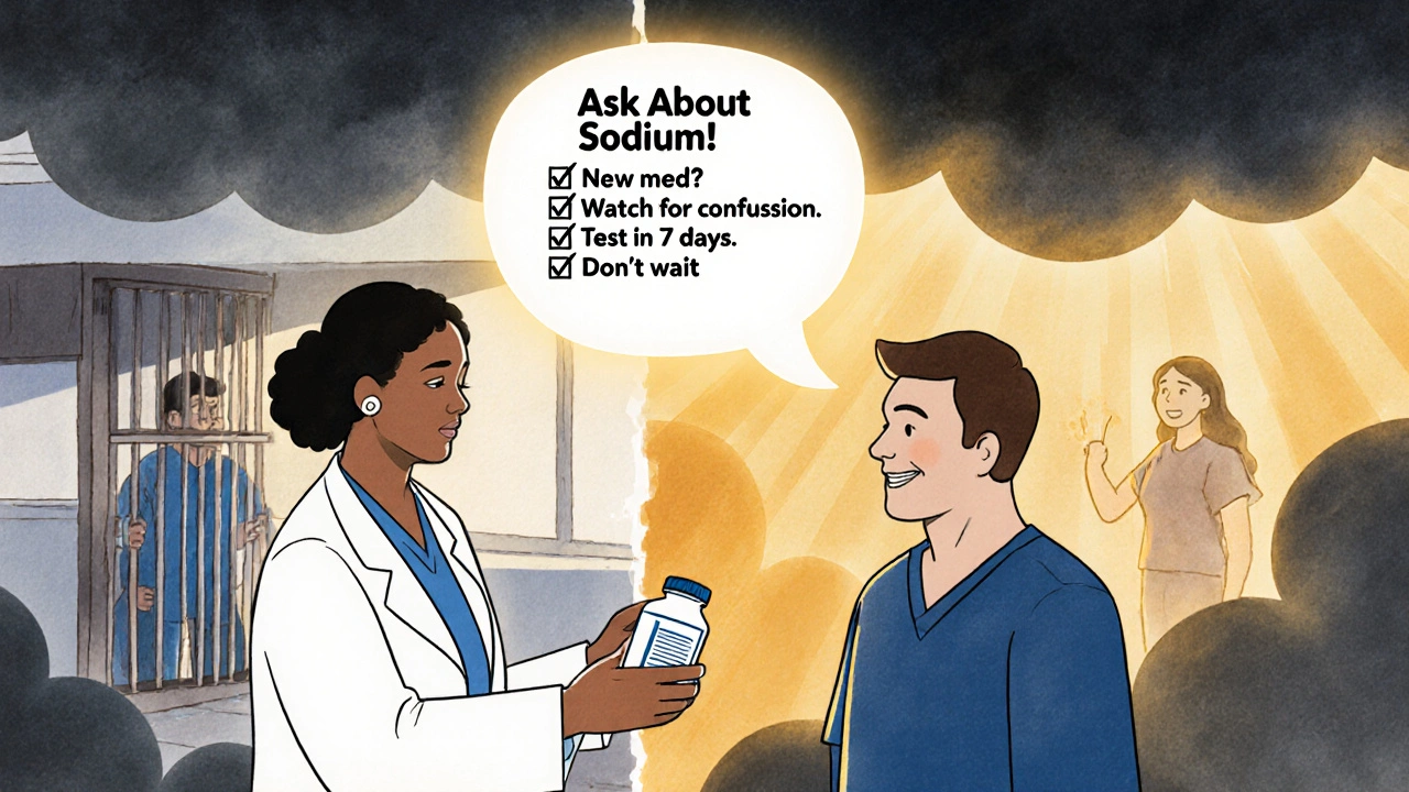 Pharmacist advising patient with floating checklist for sodium monitoring, contrasting recovery and crisis scenes.