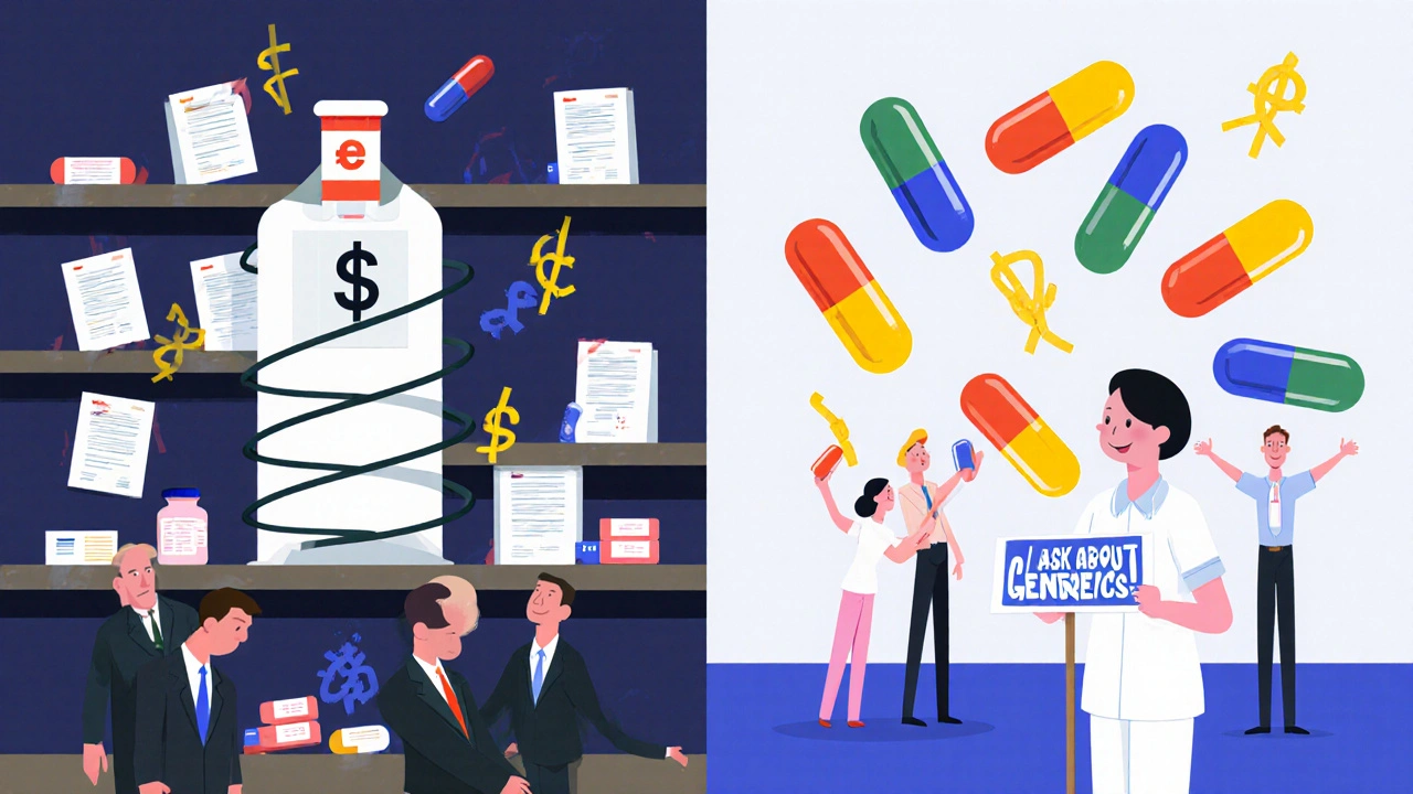 Pharmacy shelf split: expensive branded drug vs. affordable generics with happy patients.