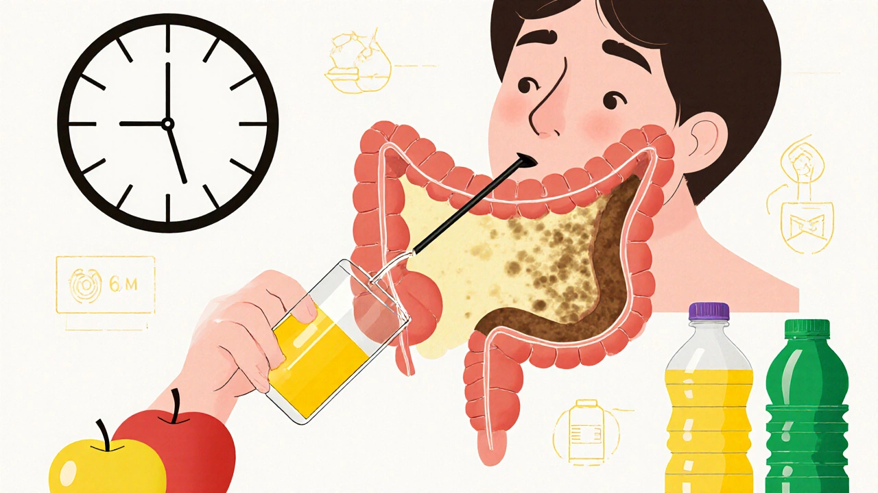 Split-dose colonoscopy prep with clear liquids and a clean vs. dirty colon comparison, clock showing 6 p.m. and 4 a.m.