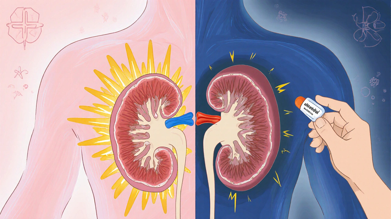 Split illustration showing healthy vs failing kidney, with alfacalcidol activating in the liver.