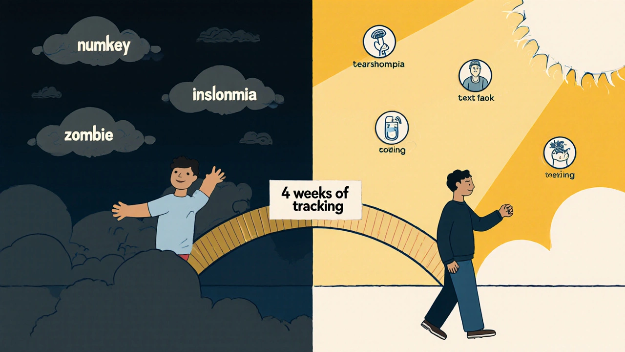 Split illustration showing transformation from emotional numbness to daily function through consistent tracking.