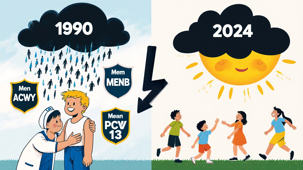 Split illustration showing vaccines protecting children today versus deadly meningitis in the past.