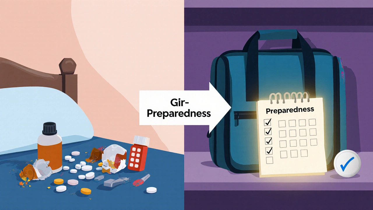 Split image: chaotic bedside meds vs. organized go-bag on a shelf with checklist and sensor.
