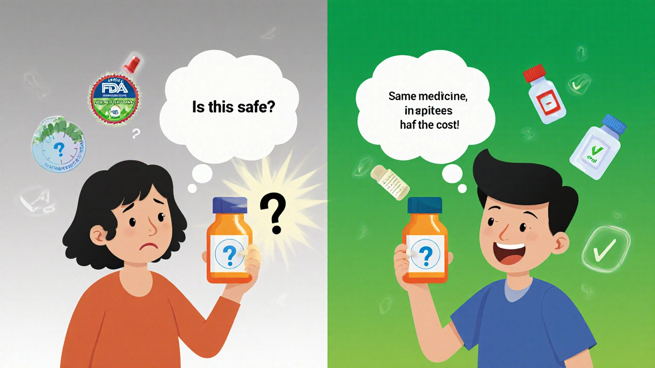 Split image: confused patient vs. confident patient understanding generics save money and are safe.