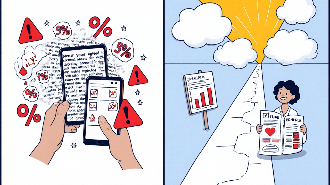 Split scene: confusion with medical jargon vs. clarity with simple decision aid visuals.