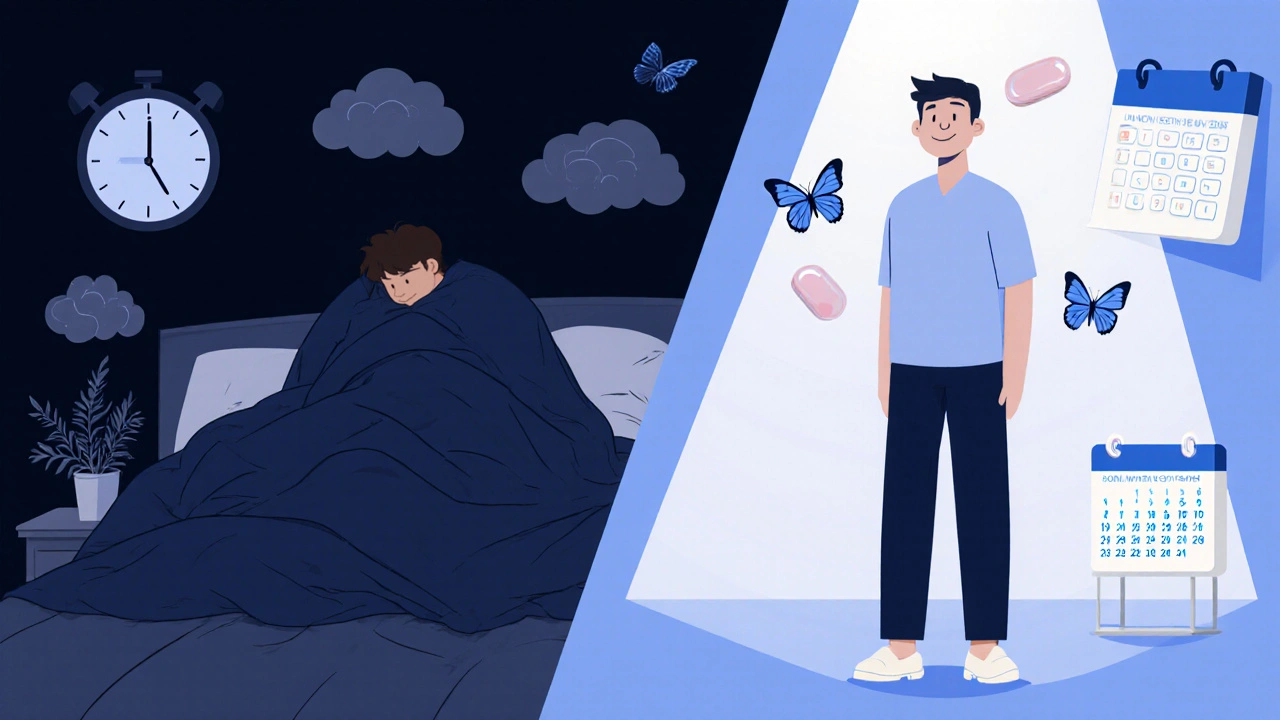 Split scene: dark, tired person vs. bright, energized version with serotonin butterflies.