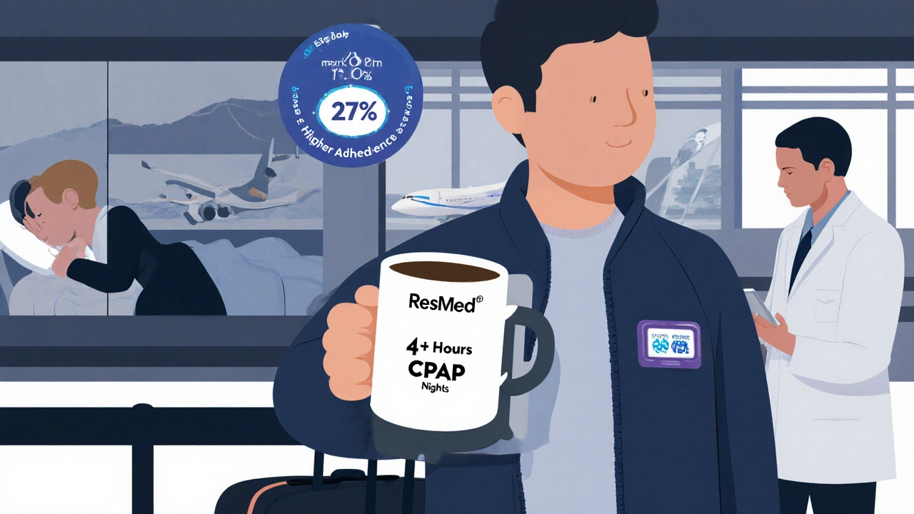 Traveler with compact CPAP device at airport, wearing a badge for adherence, with device in use on plane.